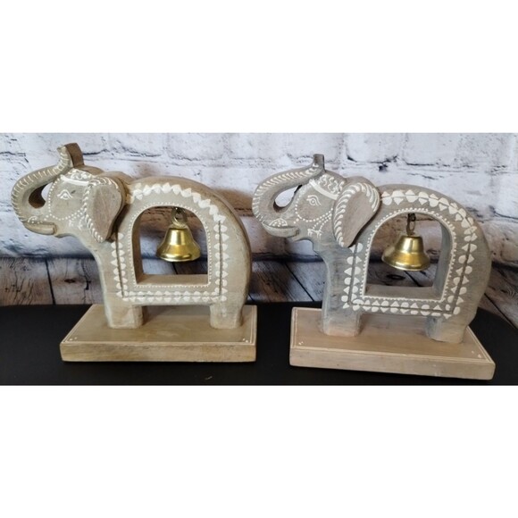 Wooden Elephant 9" with Bells Sculpture Home Decor Collectible - Picture 2 of 6